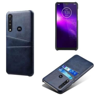 Imagem de Capas Compatível com MOTO One macro,tampa protetora de couro falso,design de saco de cartão com 2 fendas de cartão atrás,proteção anti-impressão digital e anti-gota-Blue