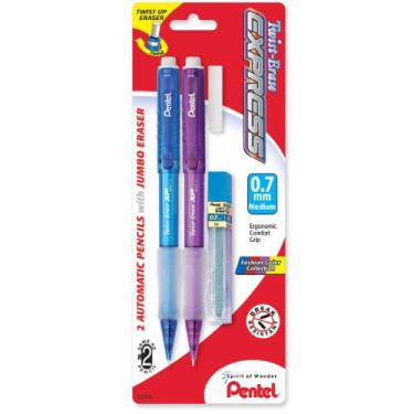Imagem de Pentel Lápis automático Twist-Erase Express com grafite e borracha, 0,7 mm, tubos sortidos, 2 pacotes (QE417FLEBP2)