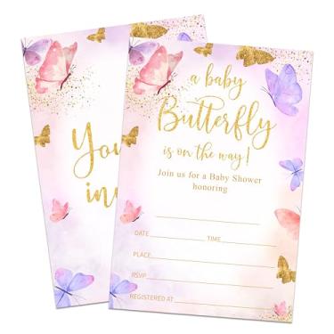 Imagem de Hsupl Conjunto de convite para chá de bebê com tema de borboleta blush, borboleta bebê está a caminho, 25 cartões de convite de chá de bebê com envelopes, revelação de gênero, decoração de festa de