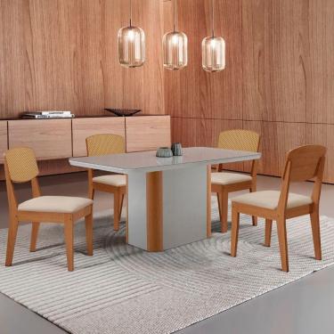 Imagem de Mesa De Jantar Isadora 120cm Tampo Mdf Vidro Com 4 Cadeiras Veludo Creme/off/nat/serig. Off