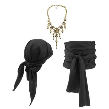 Imagem de Conjunto de acessórios de fantasia de pirata - lenço de cabeça ajustável, cinto de faixa e colcha/pingente - chapéu de pirata de Halloween para mulheres e homens, Preto com pingente, Tamanho Único