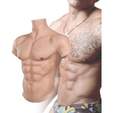 Imagem de KUMIHO Silicone Muscle Suit Realista Masculino Peito Placa Gola Alta Premium Falso Abdômen Peito Para Cosplay Halloween Transgênero, L-Branco