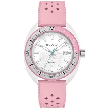 Imagem de Bulova Caixa masculina de cerâmica Oceanógrafo Snorkel e pulseira de borracha perfurada rosa, Flamingo Estilo da parte traseira da caixa: 98B460, Branco, Borracha de cerâmica híbrida branca de quartzo