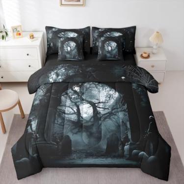 Imagem de Erosebridal Jogo de cama King Ghost Gótico de Halloween com 7 peças, galho de árvore, cena noturna, conjunto de cama em uma bolsa, natureza, cinza