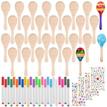 Imagem de LIUBUJINGYING 30 peças mini maracas de madeira para adultos conjunto faça você mesmo com canetas coloridas adesivos de diamante DIY instrumentos musicais maracas mexicanas lembrancinhas de festa cinco
