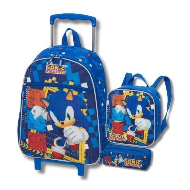 Imagem de Kit Mochila Rodas Sonic Lancheira Térmica Estojo Azul