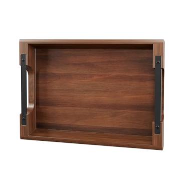 Imagem de Dofira Bandeja de servir de madeira de acácia com alças de metal, bandeja decorativa de 38 x 25 cm para mesa de centro - Bandeja rústica de madeira para café da manhã e bebidas, peça central de