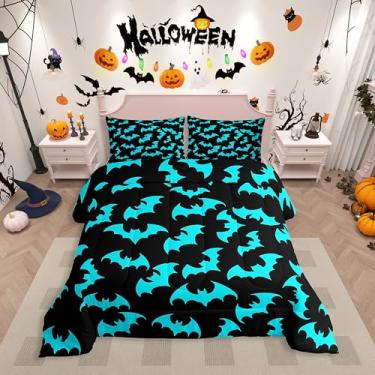 Imagem de Erosebridal Jogo de cama casal de morcego azul ciano, conjunto de edredom de morcego de Halloween gótico assustador, gótico, terror e Halloween, conjunto de edredom para crianças, adolescentes e