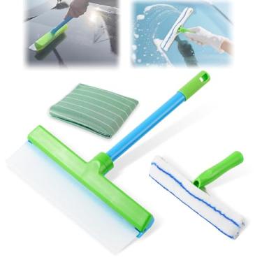 Imagem de Kit de limpeza de janela Aquablade, rodo de janela Aquablade, kit de rodo de janela de silicone reciclável, ferramenta de limpeza de vidro 3 em 1 com esfregão de microfibra de borracha rotativo (1