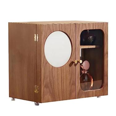 Imagem de Caixa organizadora de maquiagem de madeira, armário de joias, suporte de armazenamento de cosméticos de grande capacidade com espelho e gavetas, organizador de joias com ganchos, para cômoda de quarto