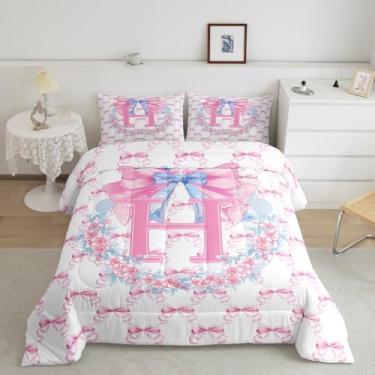 Imagem de jejeloiu Conjunto de edredom feminino com laço rosa, tamanho solteiro, com laço azul, para crianças, meninos, meninas, linda flor, edredom estilo princesa, decoração de quarto, 2 peças com 1 fronha