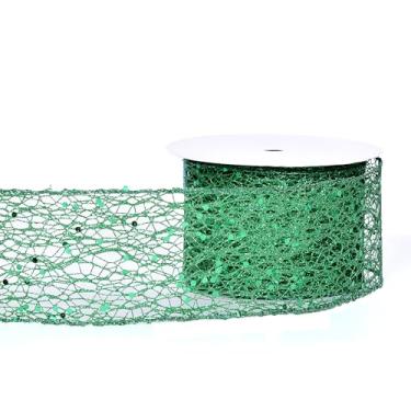 Imagem de YAMA Fita com fio de malha brilhante verde 6 cm 10 metros, fita de malha verde para embrulho de presente, artesanato, árvore de Natal, guirlandas de Halloween, laços de festa