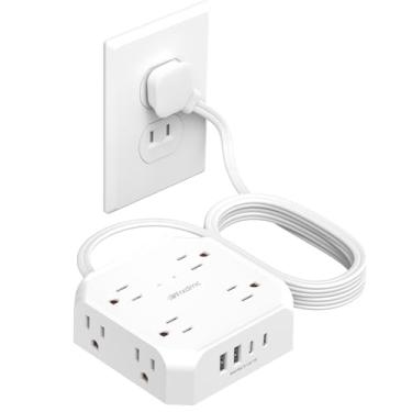 Imagem de WRXDMC Faixa de alimentação de 2 pinos para 3 pinos, adaptador de saída de 2 pinos 1400J, cabo de extensão de 3 m, 8 tomadas CA com 2 portas USB-C e 2 portas USB-A para montagem