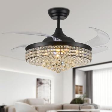 Imagem de TRSIOPFC Lustre de cristal regulável de 52 polegadas, ventiladores de teto com luz, ventilador de lustre com controle remoto para quarto/sala de estar, preto polido