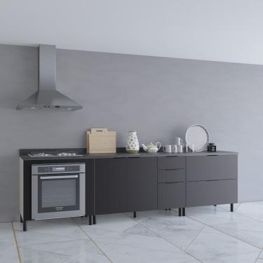 Imagem de Cozinha Modulada Bartira Rubi com 2 Portas, 2 Gavetas, 3 Gavetões, 1 Prateleira e 280,2cm de Largura - Freixo/Preto Poah