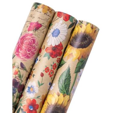 Imagem de Papel de embrulho WRAPAHOLIC Kraft Floral - 3 rolos - 43cm x 305cm