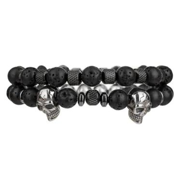 Imagem de Pulseira masculina vintage com pingente de esqueleto de caveira elástica gótica, feita à mão, preto, fosco, pedra vulcânica, pedras vulcânicas, conjunto de 2 peças, empilhável, elástico, pulseira