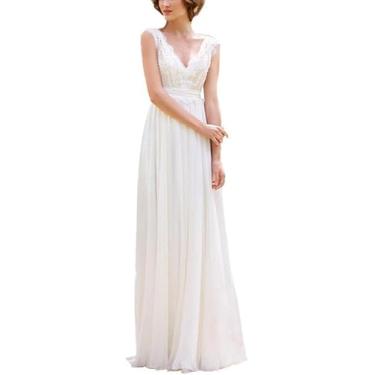 Imagem de Vestidos De Noiva Vintage Civil V-neck Beaded Vestidos De Noiva Vestido De Noiva, White, 34