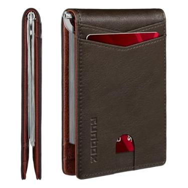 Imagem de RUNBOX Carteira masculina fina com clipe de dinheiro com bloqueio de RFID, 8 porta-cartões, minimalista, pequena, fina, de couro de carbono, dobrável e dobrável, caixa de presente, Contraste de café