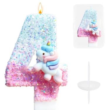 Imagem de Vela de bolo de aniversário de unicórnio, topo de bolo número 4 de unicórnio pastel, vela de aniversário de 4 anos, velas de feliz aniversário de 7 cm, topo de bolo para festa de 4ª festa de meninas