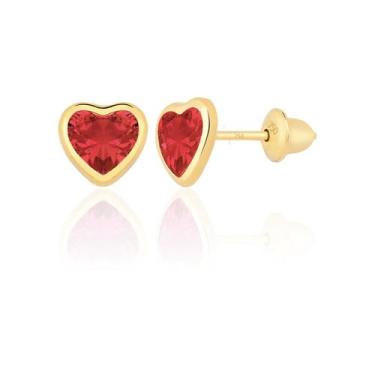 Imagem de Brinco de Ouro Coração 18K 750 com Pedra Zircônia de 5mm Vermelha - Gi