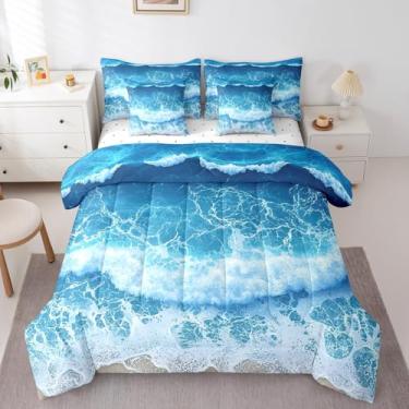 Imagem de jejeloiu Jogo de cama solteiro com tema de praia para meninos, meninas, adolescentes, verão, mar, náutico, natureza, senério, azul, decoração de quarto