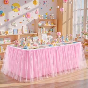 Imagem de Saia de mesa de tule rosa de 3 m para mesas retangulares, saia de mesa de tule de 2 camadas com babados em tecido tutu para chá de bebê, menina, festa de aniversário, casamento, decoração de sobremesa