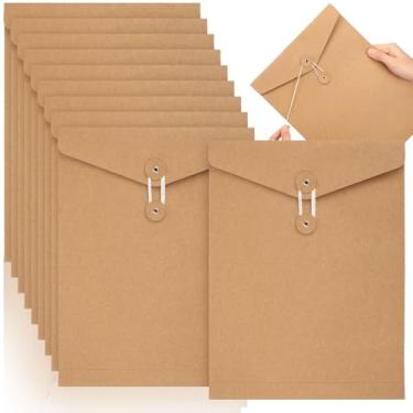 Imagem de Feifeiya Pacote com 10 pastas de arquivo Kraft String Envelope marrom tamanho carta A4 pastas de papel kraft bolsos de projeto, jaqueta de arquivos, organizador de documentos com fecho de botão de