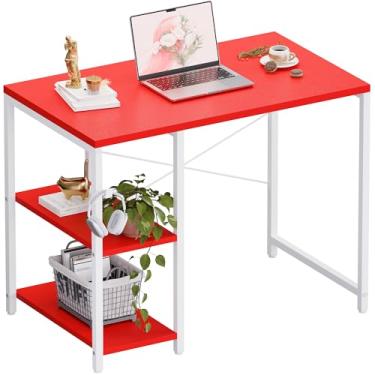 Imagem de Pamray Mesa de computador pequena de 81 cm com prateleiras, mesa de escritório em casa com gancho de fone de ouvido para quarto, mesa de computador de escrita de estudo para espaços pequenos, vermelha