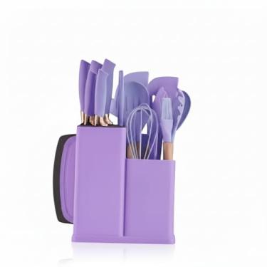 Imagem de Utensilios para Cozinha Silicone Kit com 19 Peças Cabo Madeira Conjunto Completo Espátula Concha Colher Jogo Suporte Faca Antiaderente Tabua Tesoura Faqueiro Roxo