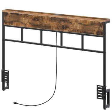 Imagem de YATINEY Cabeceira Queen Size, cabeceira queen com estação de carregamento, placa de cabeça com armazenamento aberto, placa de cabeça de madeira industrial, altura ajustável, resistente e estável