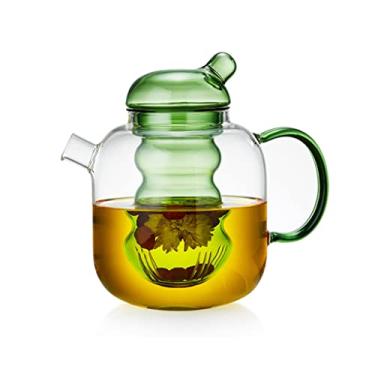 Imagem de Chaleira de café e chá bule de vidro feito à mão com infusor de vidro de chá solto removível chás de florescer chaleira 2 em 1 bule de chá de cerâmica elétrica aplicável (cor: verde)