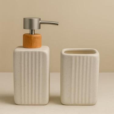 Imagem de Kit de Banheiro 2 Peças para Lavabo Banheiro Porta Sabonete liquido Dispenser Porta Escova de Dente Conjunto de Cerâmica para Pia Decoração Moderno Estilo Madeira (ÔNIX BRANCO)