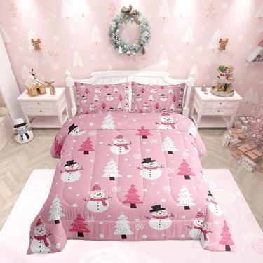 Imagem de Feelyou Conjunto de cama infantil Merry Christmas, boneco de neve, com tema de árvore de Natal, floco de neve, rosa, para decoração de quarto de mulheres e homens, respirável, leve, com 1 fronha, 2