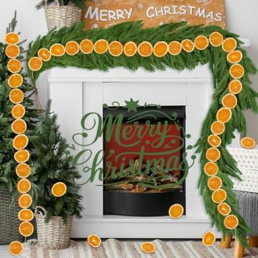 Imagem de 2 peças de guirlandas de pinheiro norfolk em fatias de laranja de Natal secas para pendurar enfeites de guirlanda de pinheiro de toque real, artesanato artesanal para árvore de Natal, lareira, mesa