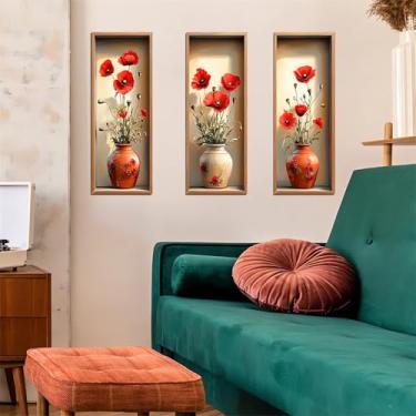 Imagem de sacinora Adesivos de parede de flores de vaso de papoula vermelha, decalques de parede de arte floral 3D removíveis de vinil descascar e colar papaver rhoeas G quarto sala de jantar sofá TV fundo