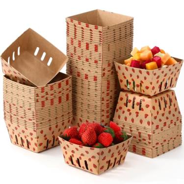 Imagem de AmazingSpark Embalagem com 100 unidades de cesta de frutas silvestres fofas com padrão de morango, forte e para colheita de alimentos, recipientes de papelão para congelar ou armazenar frutas pequenas