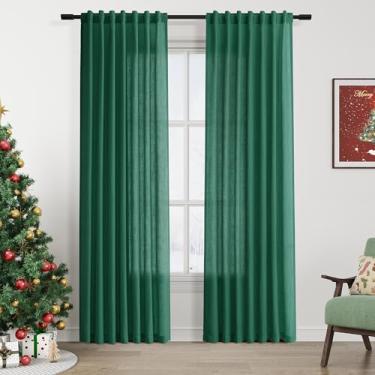 Imagem de Cortinas de linho verde escuro de Natal com 203 cm de comprimento, conjunto de 2 painéis para sala de estar, bolso para varão, filtro de luz, cortinas de janela para quarto, sala de jantar, proteção