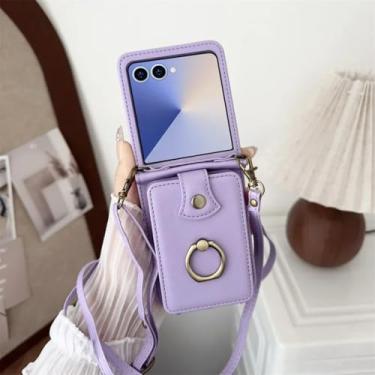 Imagem de Capa protetora de couro para Galaxy Z Flip6, carteira, anel de dedo, porta-cartões, transversal (para Galaxy Z Flip6/roxa)