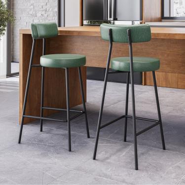 Imagem de Kit 02 Banquetas Alta Cozinha Kobe Estofada com Encosto Couríssimo Verde - Abmaza
