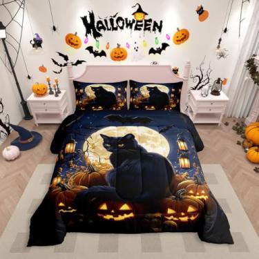 Imagem de Erosebridal Jogo de cama de Halloween preto com lanternas de abóbora góticas, para crianças, meninos, meninas, gótico, lua, gato, animal, edredom, outono, abóboras, edredom
