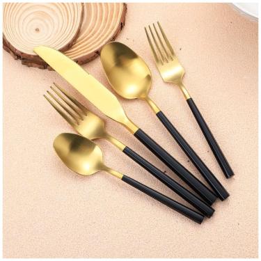 Imagem de Conjunto de Talheres Fosco com Design Contemporâneo em Ouro e Cabo Hexagonal - Kit de 20 Utensílios em Inox 304 - Ideal para Casamento e Chá