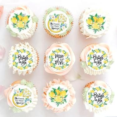 Imagem de Keaziu Pacote com 40 topos de cupcake de limão comestíveis papel de arroz glutinoso She found her Main Squeeze para festa de noivado nupcial chá de bebê decoração de bolo de festa de aniversário
