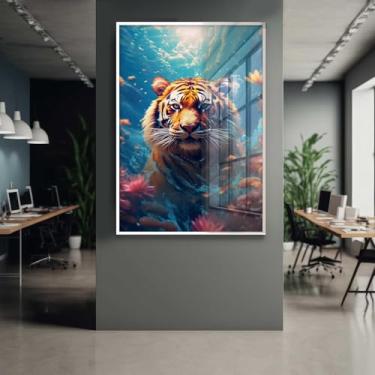 Imagem de Quadro Decorativo com Moldura e Acrilico Cristal Vidro Tigre Mar AI Sala Quarto Hall