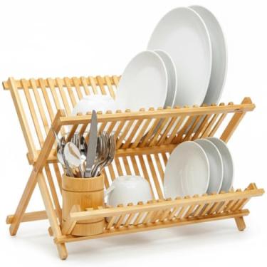 Imagem de Escorredor de Pratos em Bambu Dobrável 2 Andares 14 Divisórias - Feito de bambu 100% natural, Madeira Ecológica e Resistente à Umidade