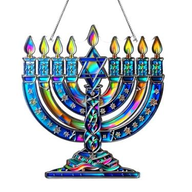 Imagem de Presentes de Hanukkah para homens e mulheres, ornamento de acrílico colorido da estrela de Davi com efeito de vitral, presentes judaicos para mãe irmã amigas, decorações de Chanukkah (vela Chanukkah)