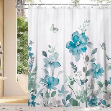 Imagem de YDIDIAN Cortina de chuveiro floral azul turquesa, turquesa azul lavanda floral borboleta boho cortinas de chuveiro para banheiro, conjunto de cortina de chuveiro de tecido bonito flor Farmhous com 12