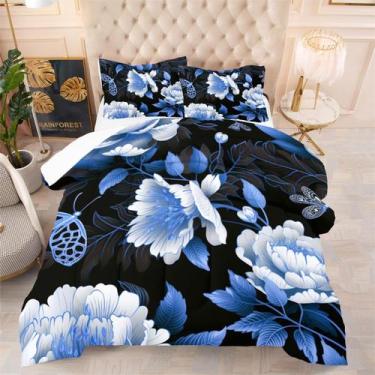 Imagem de Conjunto de edredom Coutuechen Preto Azul Floral Queen 3 peças - CCout