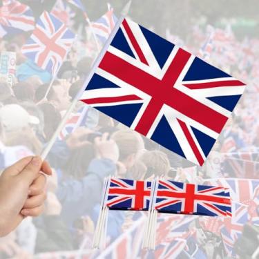 Imagem de Pacote com 12 mini bandeiras da British Union Jack Reino Unido - Bandeiras pequenas da Grã-Bretanha em miniatura - Resistente ao desbotamento e cores vivas - 12 x 20 cm com mastro sólido e topo de