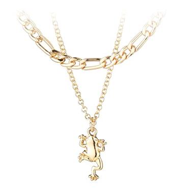 Imagem de 2 unidades modernas de colar em camadas de ouro/prata para mulheres, corrente fiagro banhada a ouro 14 K, colar personalizado com pingente de sapo, joias, presente de aniversário, Medium, Latão, Sem